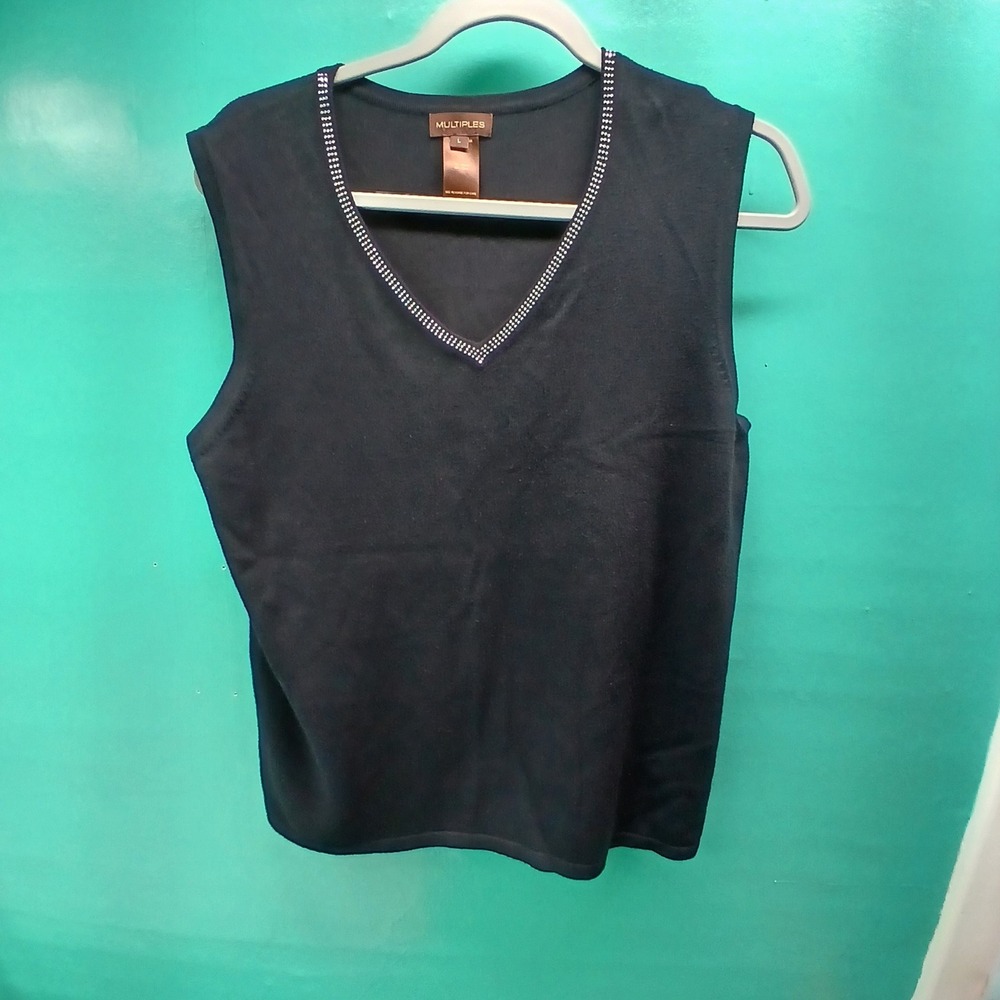 Multiples Knit Tank Top L Black Rhinestone V-Neck Sleeveless‎ Shell Career Chic